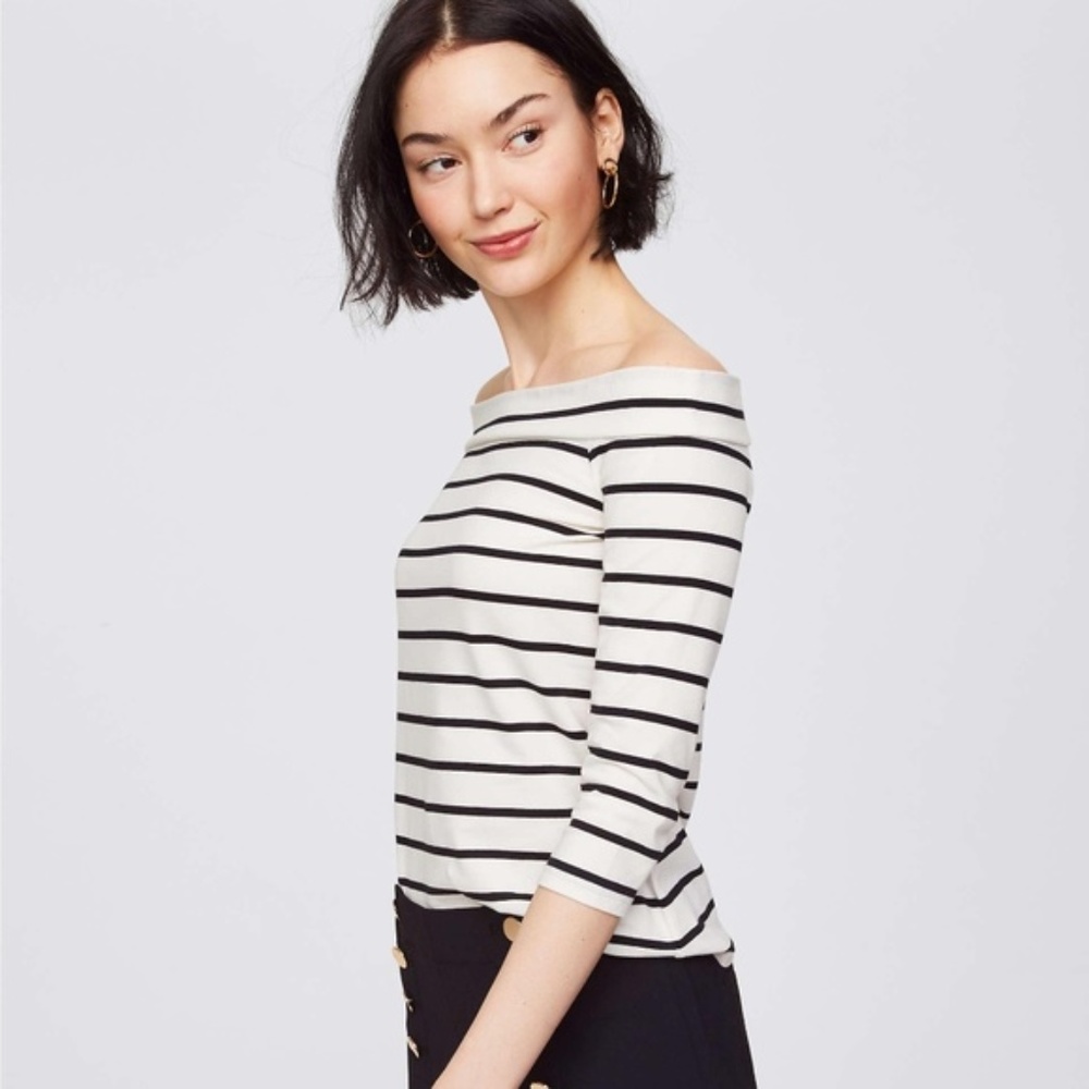 LOFT Off the Shoulder Tee NWT Black/White Stripe